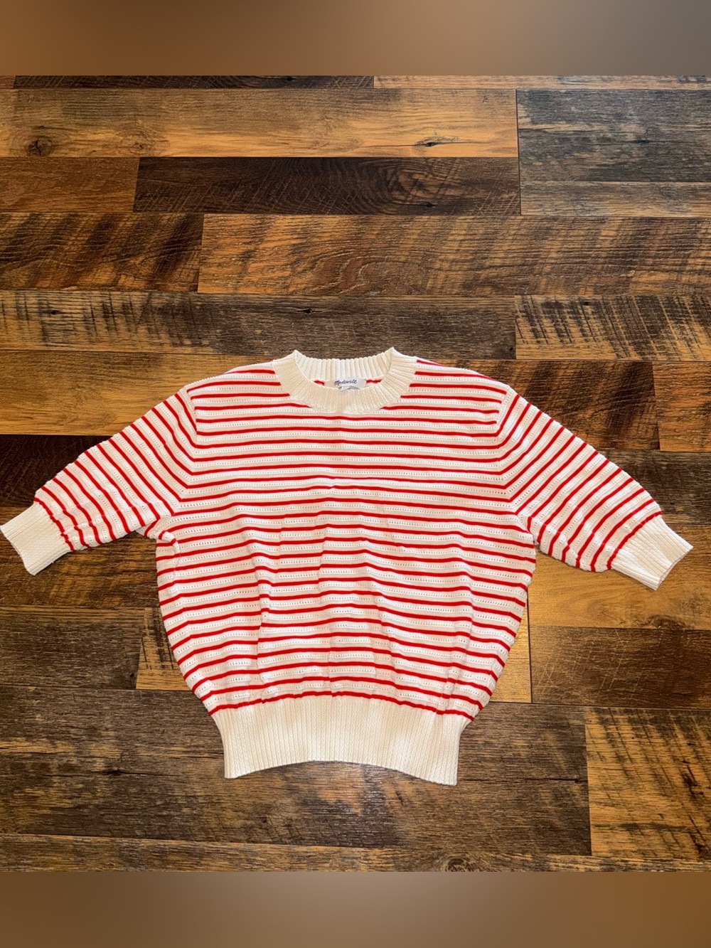 Madewell Red and White Striped Cotton Crewneck Sweater